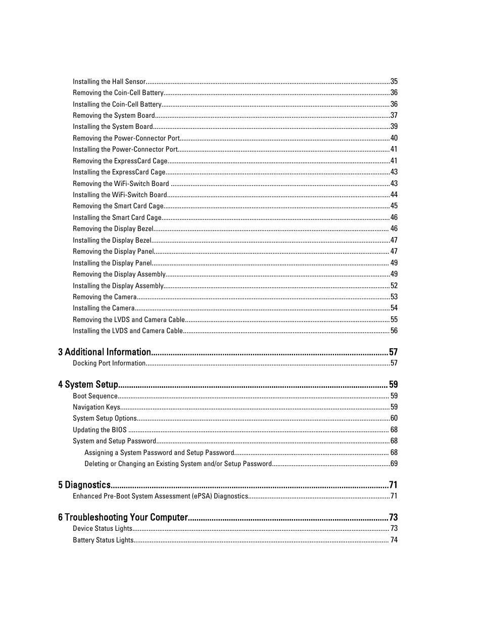 3 additional information, 4 system setup, 5 diagnostics | 6 troubleshooting your computer | Dell Latitude E6230 (Mid 2012) User Manual | Page 4 / 81