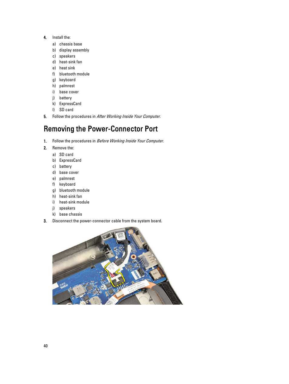 Removing the power-connector port | Dell Latitude E6230 (Mid 2012) User Manual | Page 40 / 81