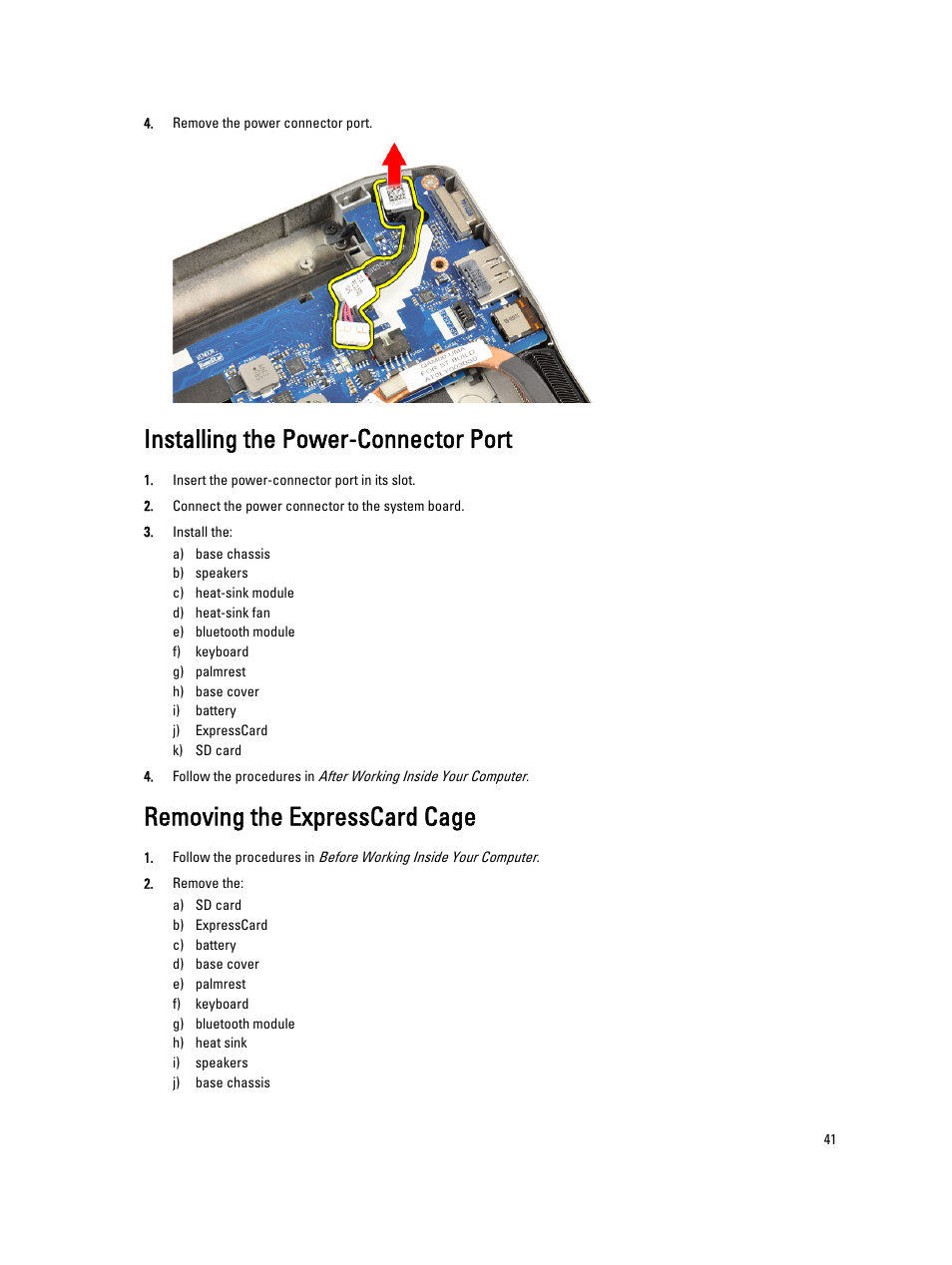 Installing the power-connector port, Removing the expresscard cage | Dell Latitude E6230 (Mid 2012) User Manual | Page 41 / 81