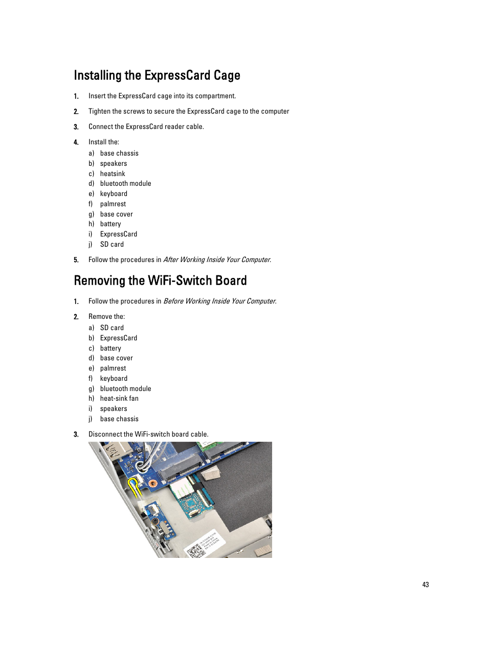 Installing the expresscard cage, Removing the wifi-switch board | Dell Latitude E6230 (Mid 2012) User Manual | Page 43 / 81
