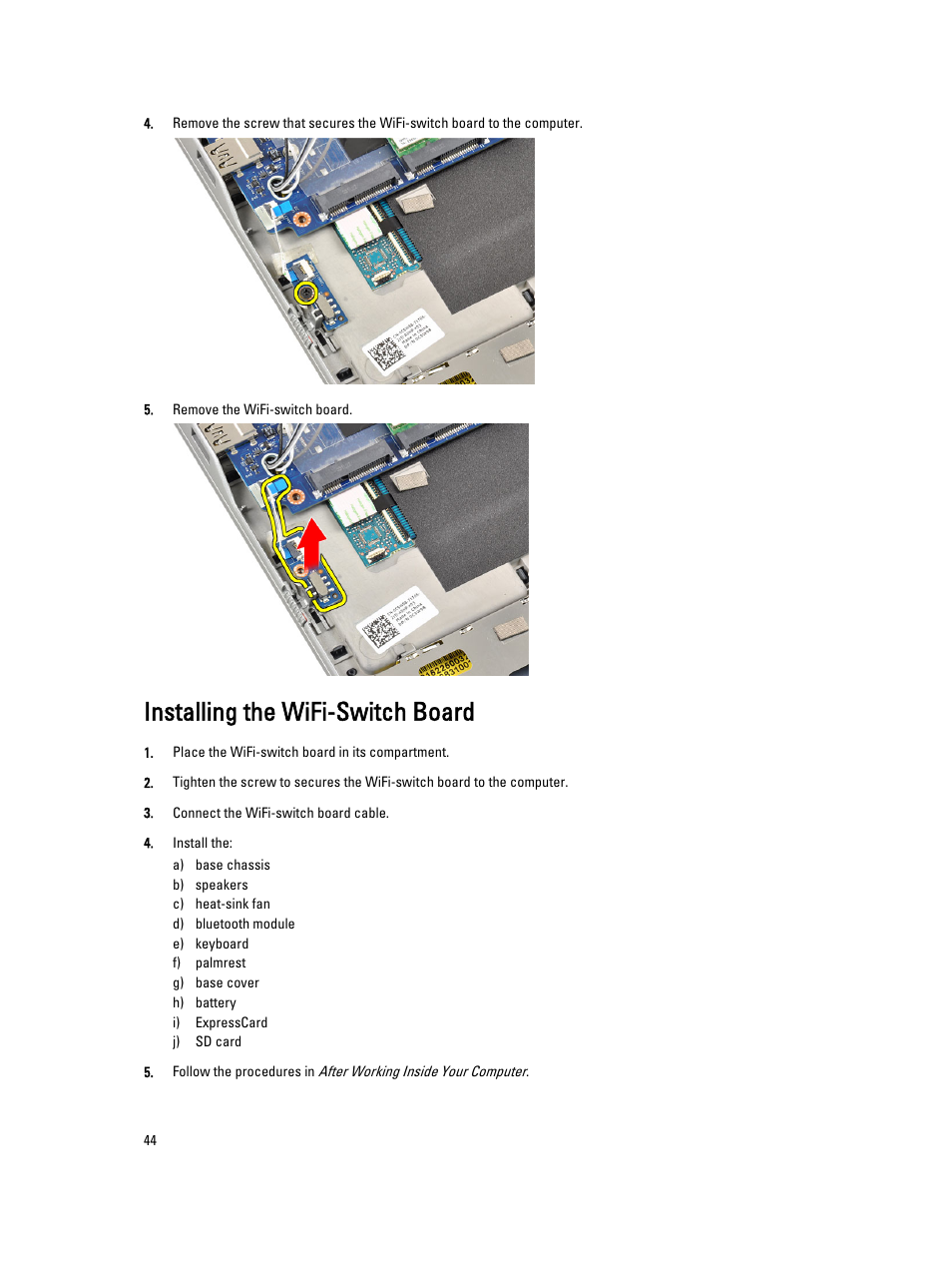 Installing the wifi-switch board | Dell Latitude E6230 (Mid 2012) User Manual | Page 44 / 81