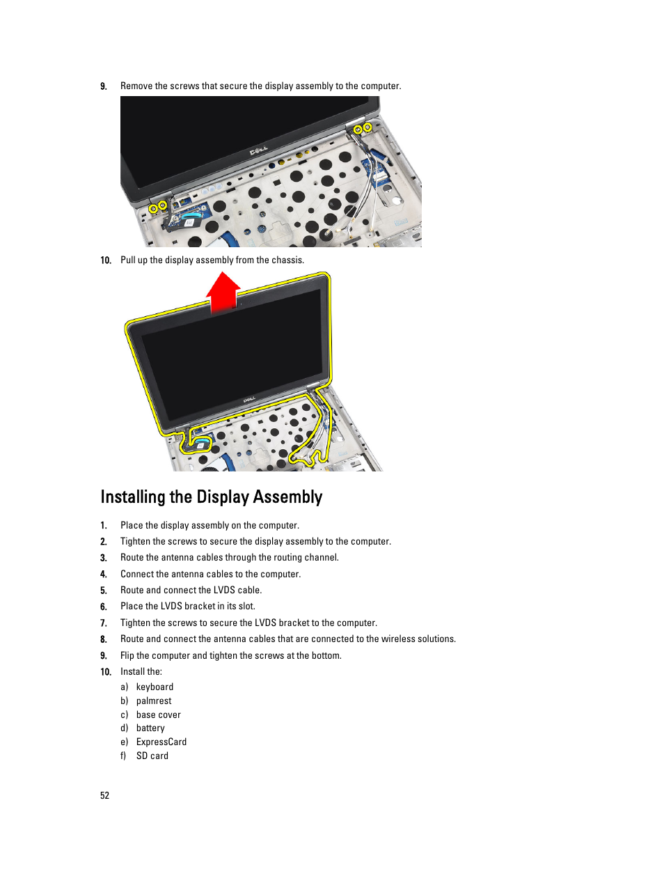 Installing the display assembly | Dell Latitude E6230 (Mid 2012) User Manual | Page 52 / 81