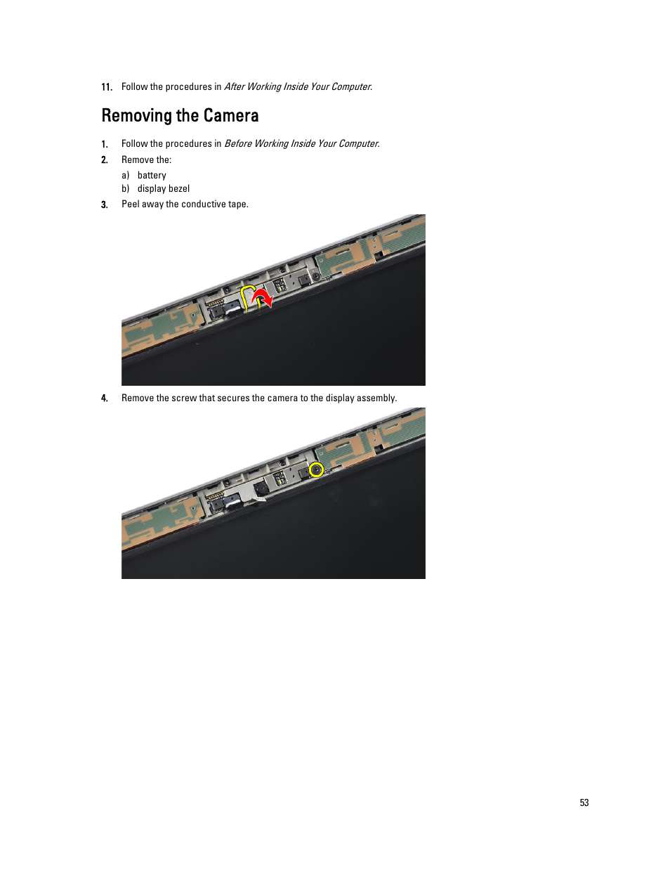 Removing the camera | Dell Latitude E6230 (Mid 2012) User Manual | Page 53 / 81
