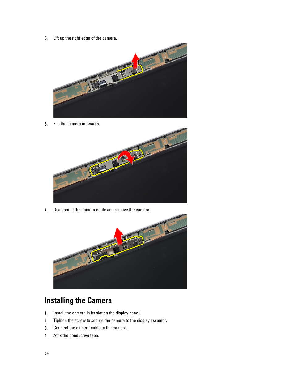 Installing the camera | Dell Latitude E6230 (Mid 2012) User Manual | Page 54 / 81