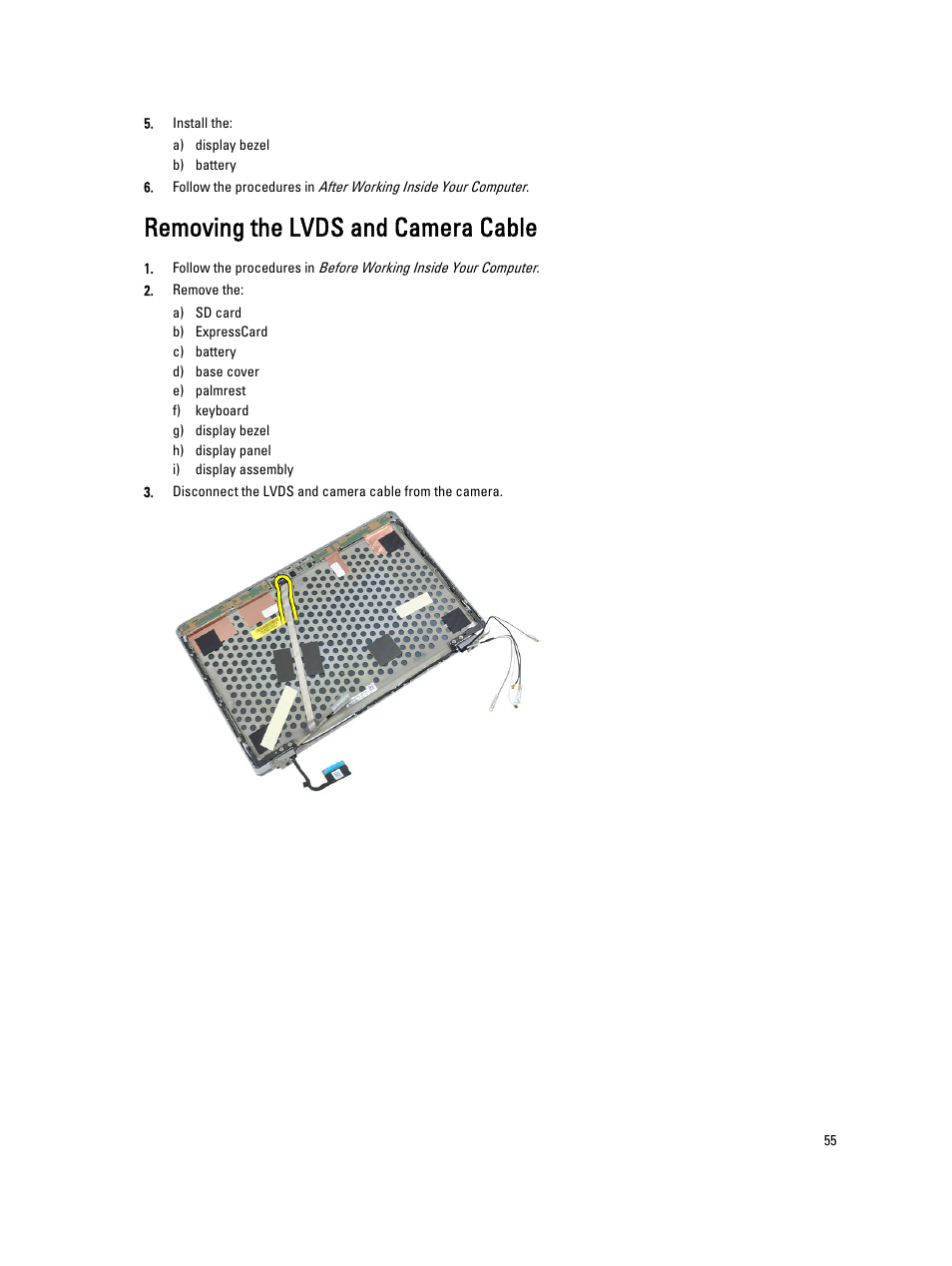 Removing the lvds and camera cable | Dell Latitude E6230 (Mid 2012) User Manual | Page 55 / 81