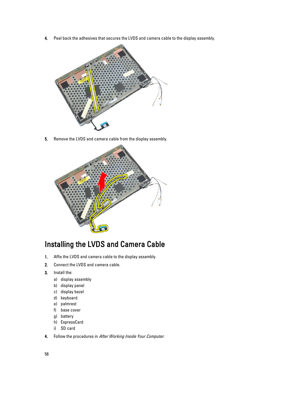 Installing the lvds and camera cable | Dell Latitude E6230 (Mid 2012) User Manual | Page 56 / 81