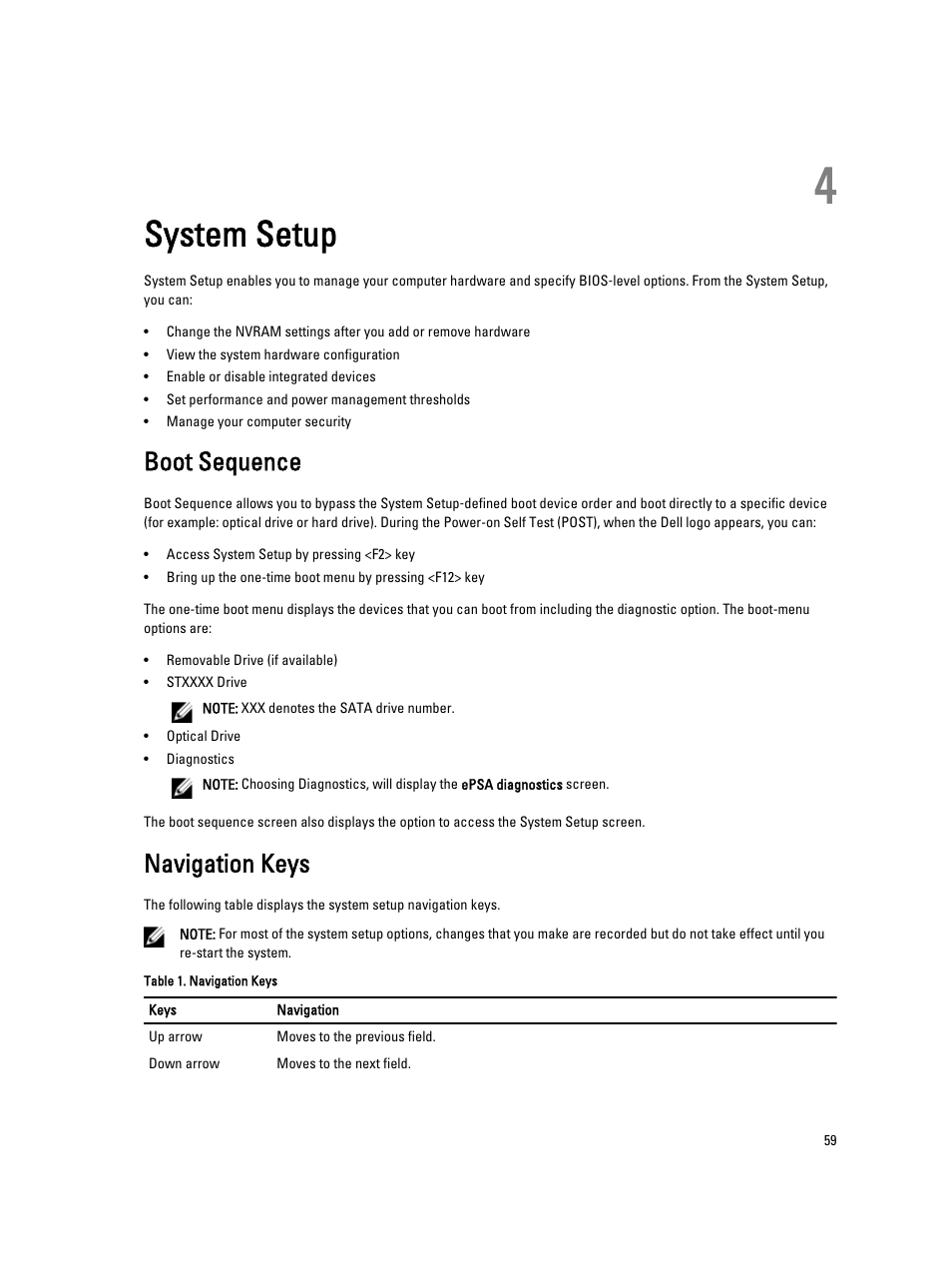 System setup, Boot sequence, Navigation keys | 4 system setup | Dell Latitude E6230 (Mid 2012) User Manual | Page 59 / 81