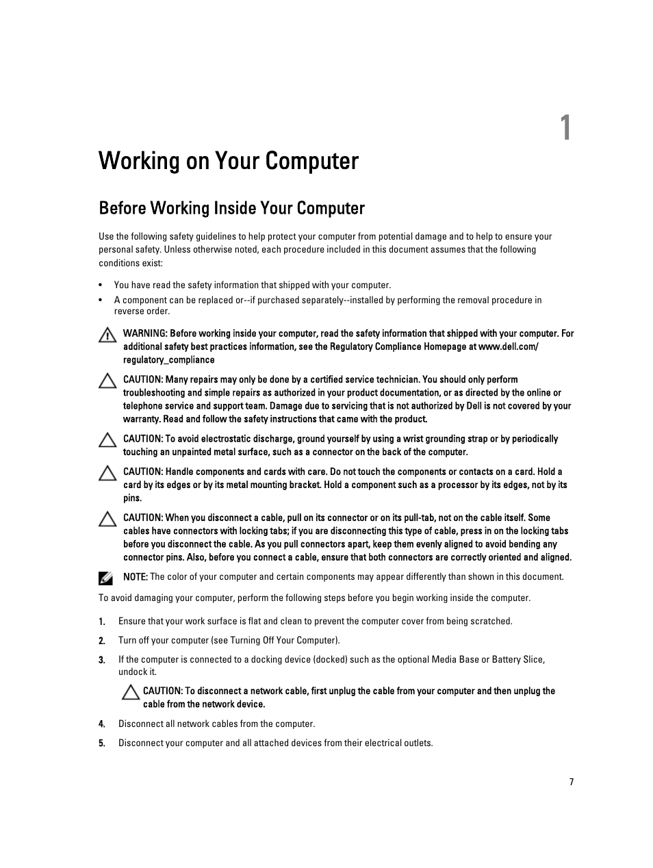 Working on your computer, Before working inside your computer, 1 working on your computer | Dell Latitude E6230 (Mid 2012) User Manual | Page 7 / 81