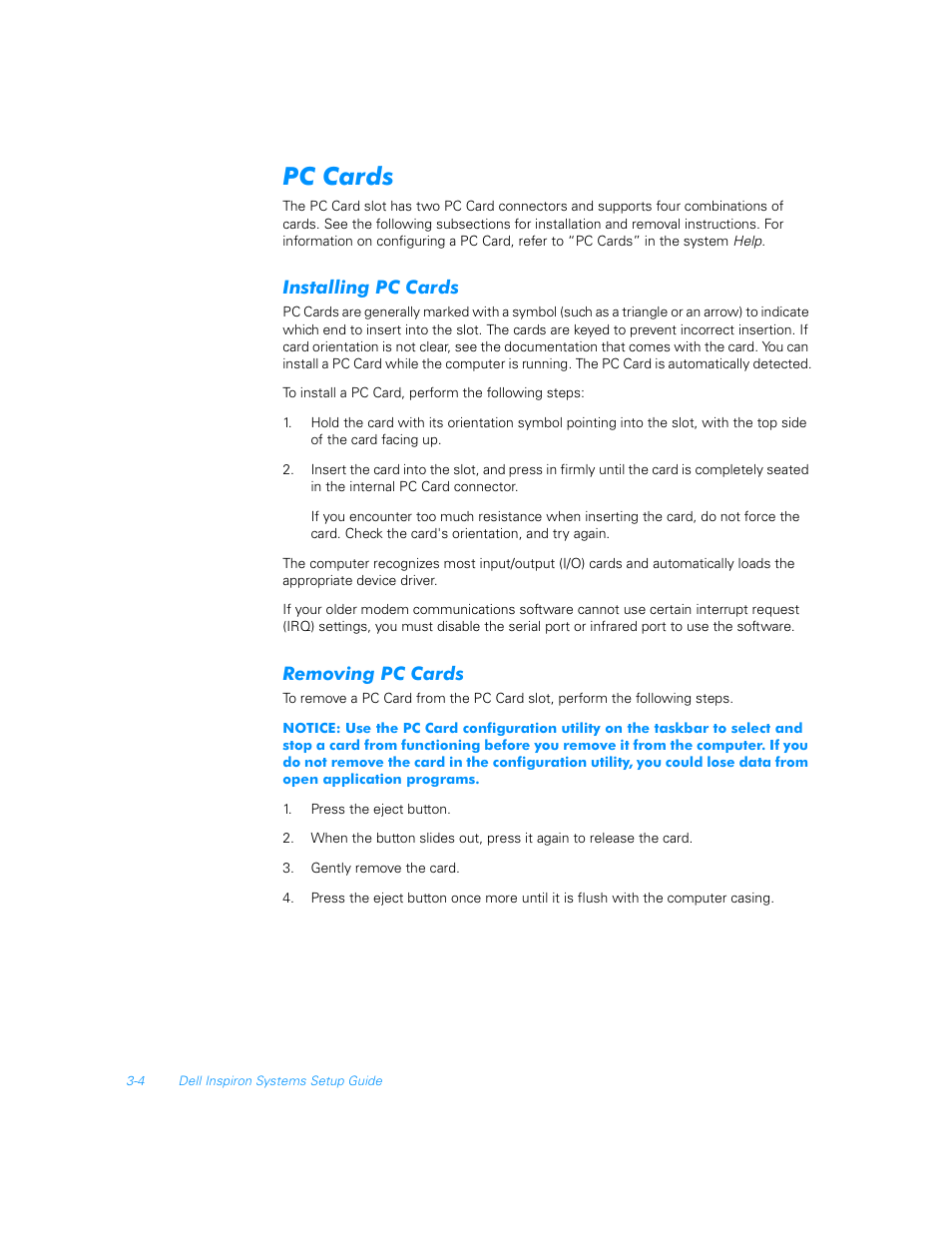 Pc cards, Installing pc cards, Removing pc cards | Pc cards -4, Installing pc cards -4, Removing pc cards -4 | Dell Inspiron 7000 User Manual | Page 14 / 16