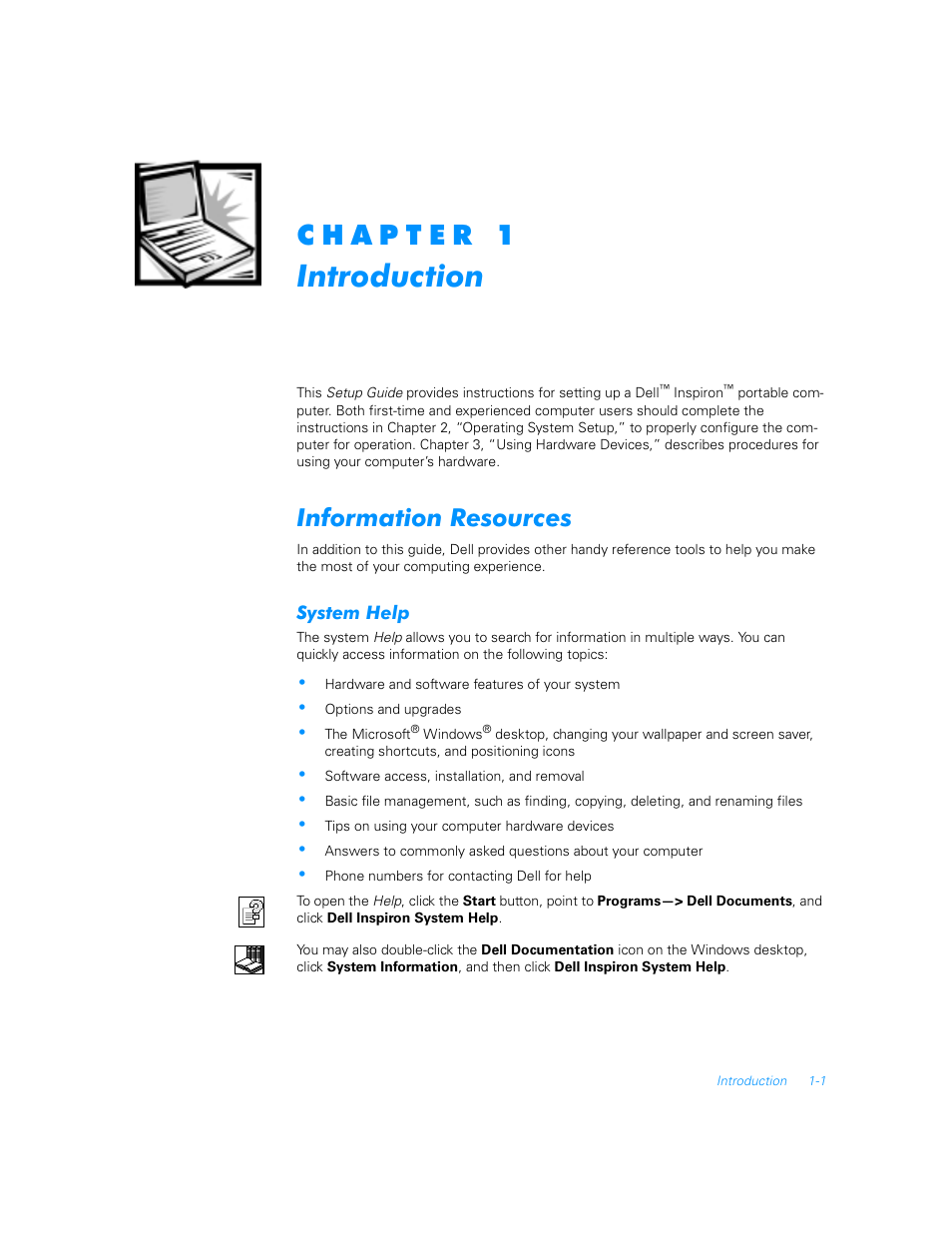 Introduction, Information resources, System help | Information resources -1, System help -1 | Dell Inspiron 7000 User Manual | Page 5 / 16