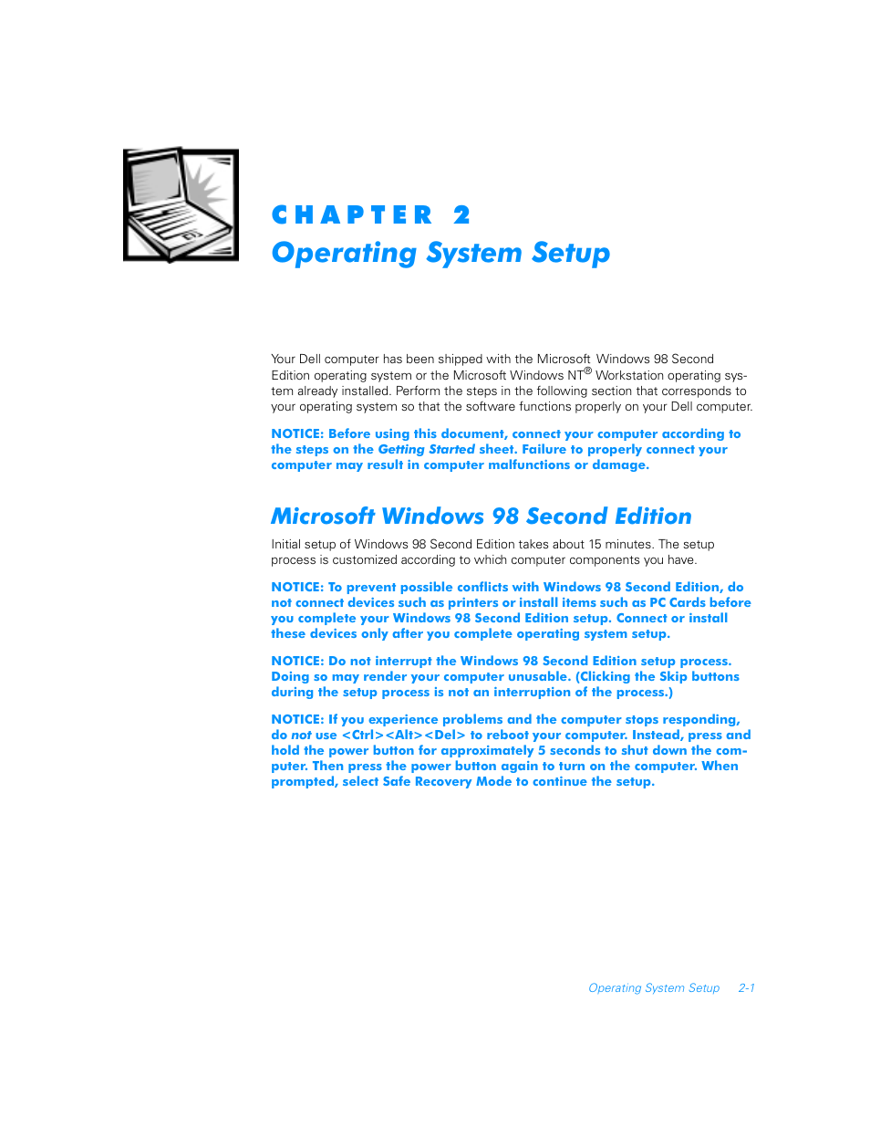 Operating system setup, Microsoft windows 98 second edition, Microsoft windows 98 second edition -1 | Dell Inspiron 7000 User Manual | Page 7 / 16