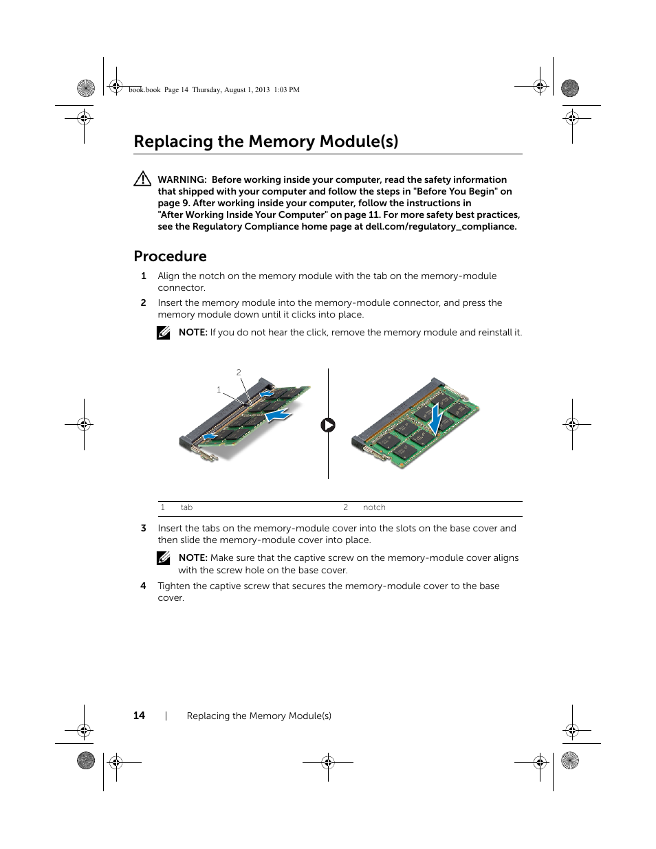 Replacing the memory module(s), Procedure | Dell Inspiron 23 (2350, Mid 2013) User Manual | Page 14 / 73