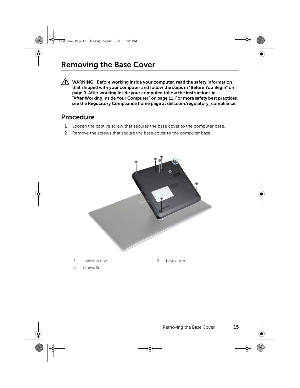 Removing the base cover, Procedure | Dell Inspiron 23 (2350, Mid 2013) User Manual | Page 15 / 73