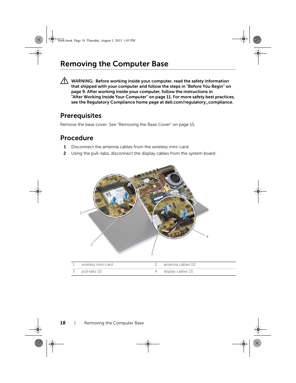 Removing the computer base, Prerequisites, Procedure | Dell Inspiron 23 (2350, Mid 2013) User Manual | Page 18 / 73