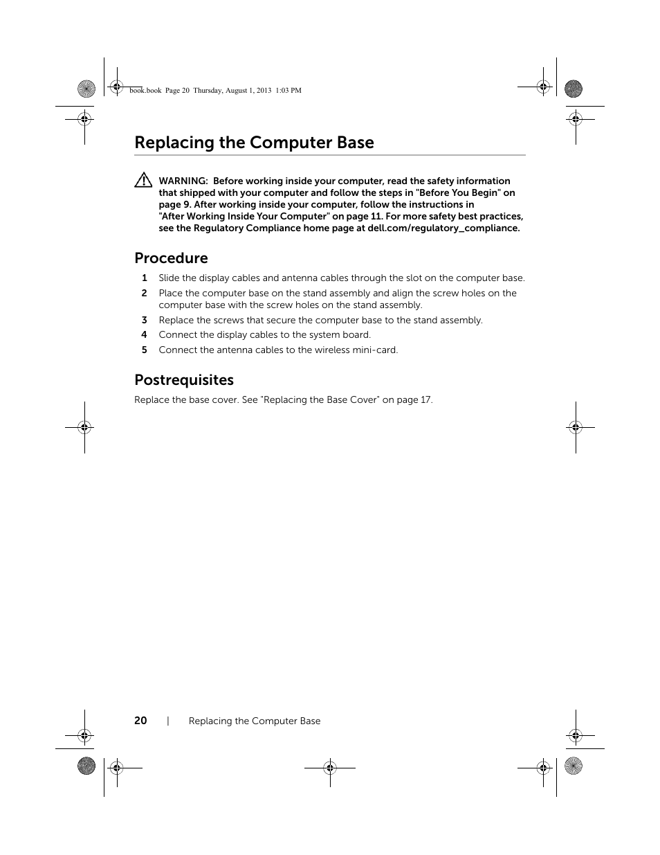 Replacing the computer base, Procedure, Postrequisites | Dell Inspiron 23 (2350, Mid 2013) User Manual | Page 20 / 73