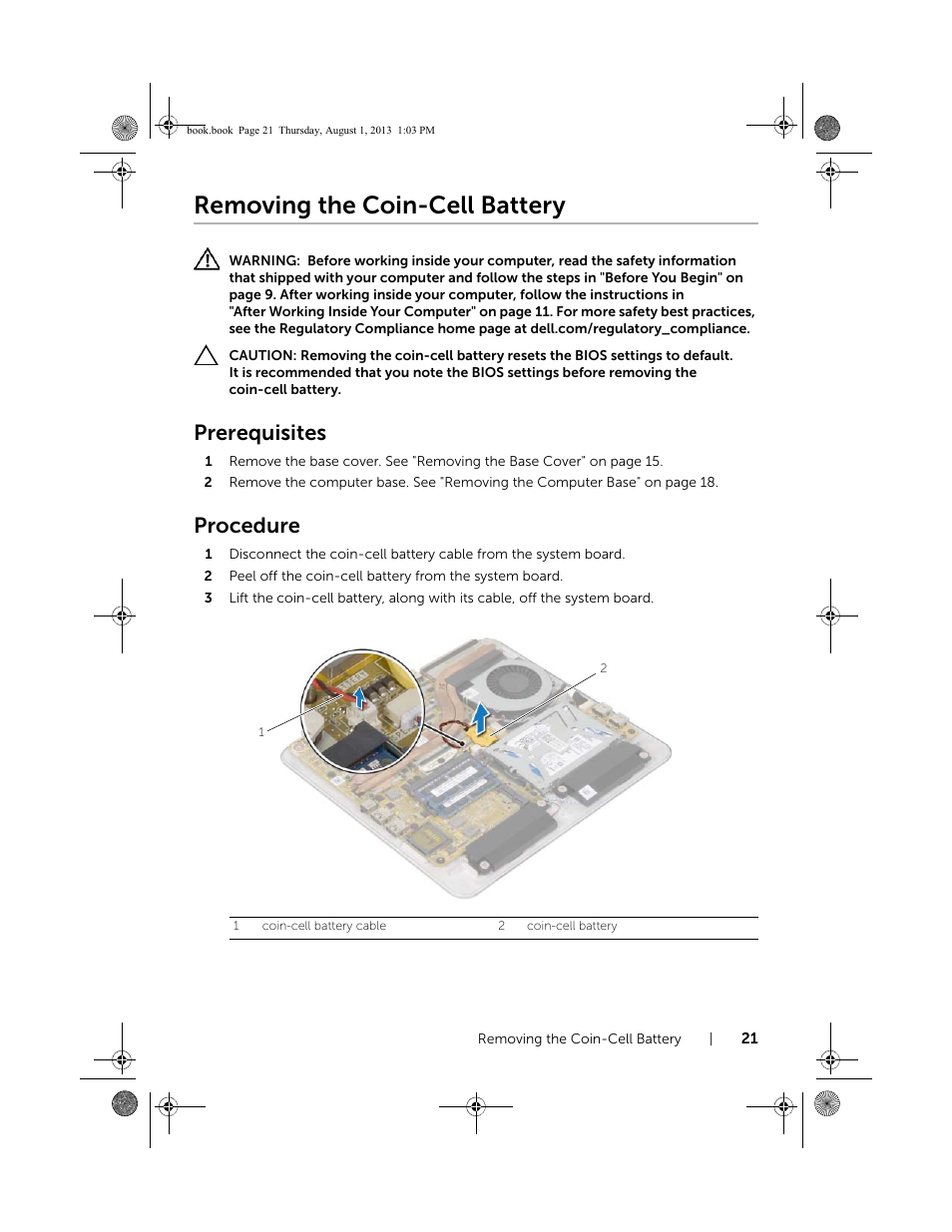 Removing the coin-cell battery, Prerequisites, Procedure | Dell Inspiron 23 (2350, Mid 2013) User Manual | Page 21 / 73