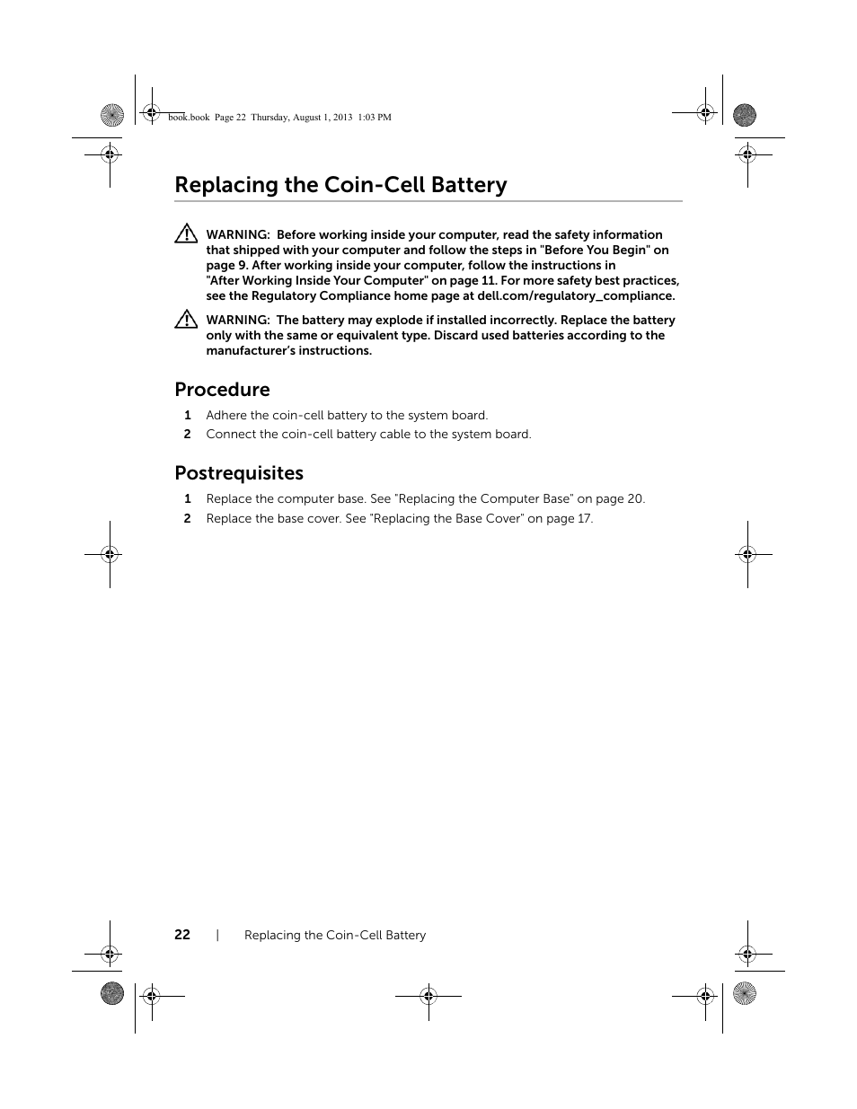 Replacing the coin-cell battery, Procedure, Postrequisites | Dell Inspiron 23 (2350, Mid 2013) User Manual | Page 22 / 73