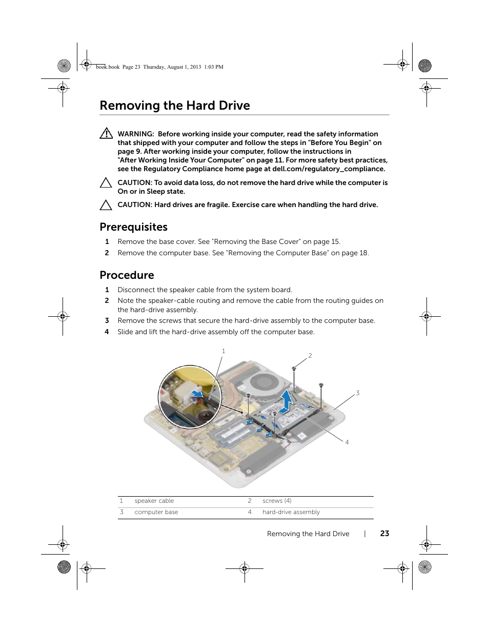 Removing the hard drive, Prerequisites, Procedure | Dell Inspiron 23 (2350, Mid 2013) User Manual | Page 23 / 73