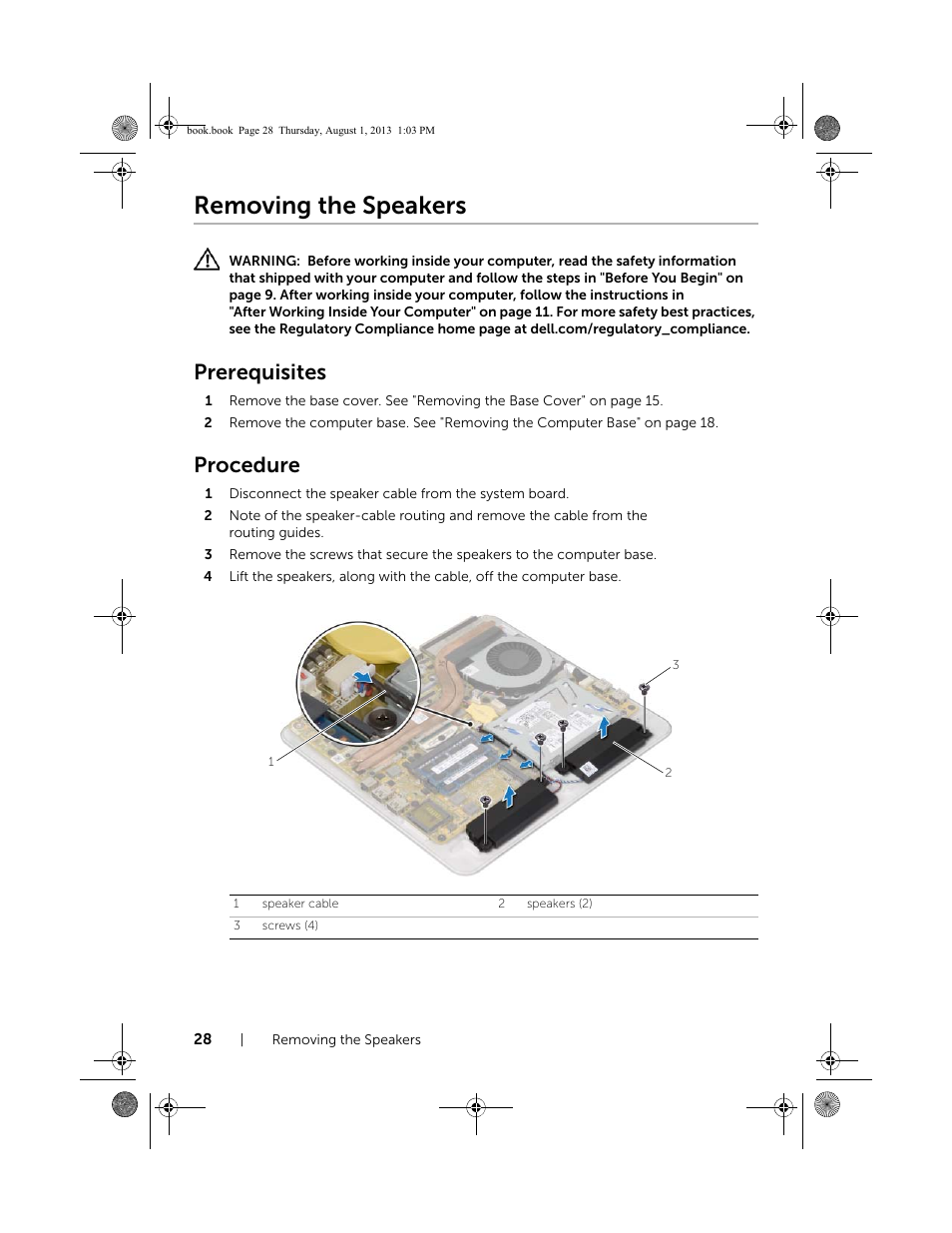 Removing the speakers, Prerequisites, Procedure | Dell Inspiron 23 (2350, Mid 2013) User Manual | Page 28 / 73