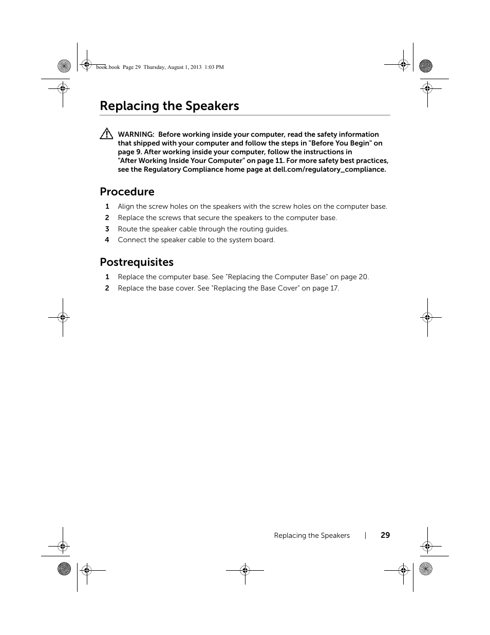 Replacing the speakers, Procedure, Postrequisites | Dell Inspiron 23 (2350, Mid 2013) User Manual | Page 29 / 73