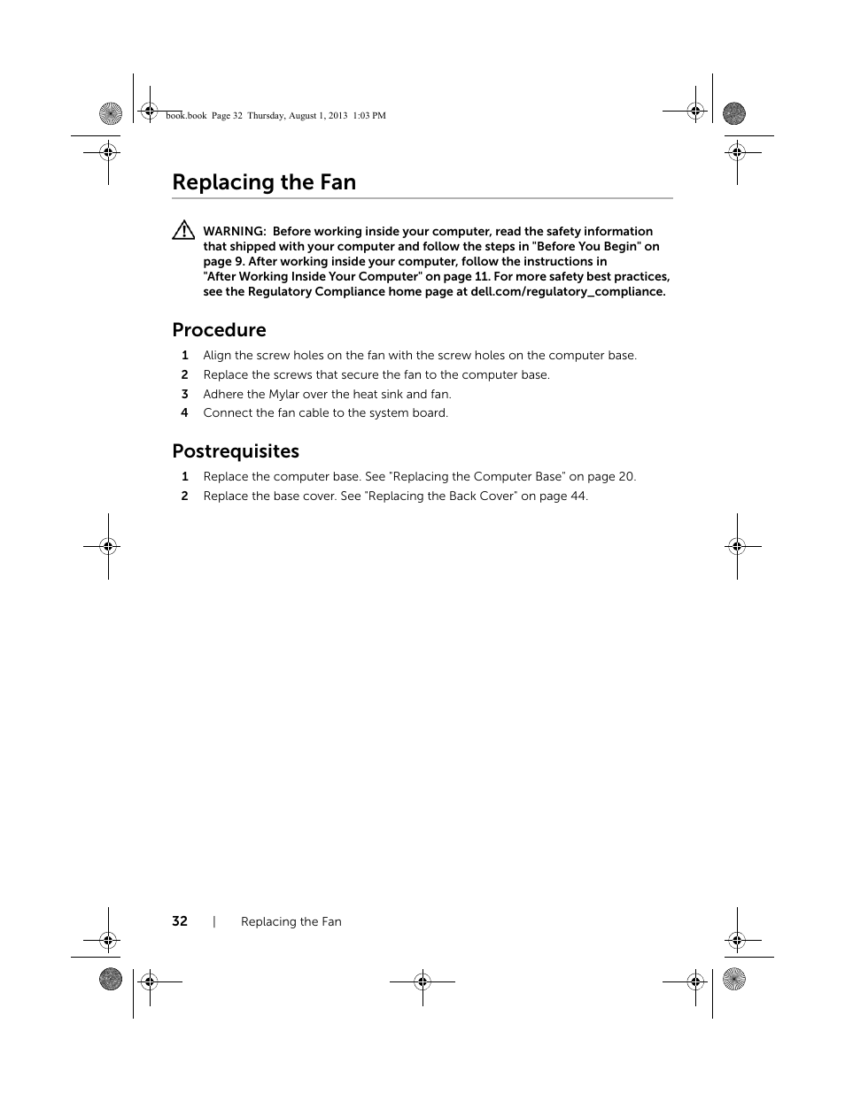 Replacing the fan, Procedure, Postrequisites | Dell Inspiron 23 (2350, Mid 2013) User Manual | Page 32 / 73