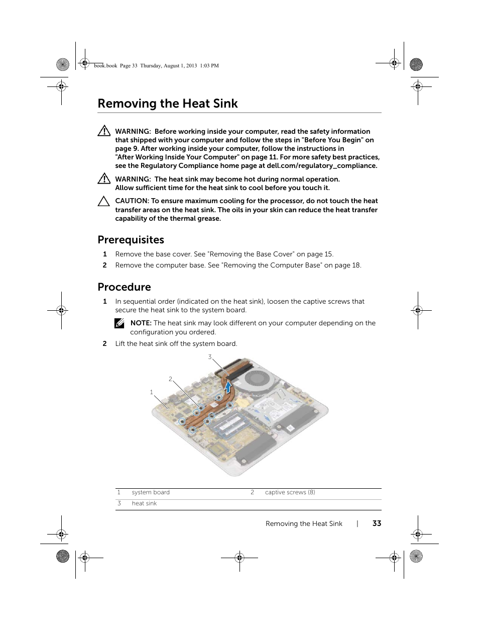 Removing the heat sink, Prerequisites, Procedure | Dell Inspiron 23 (2350, Mid 2013) User Manual | Page 33 / 73