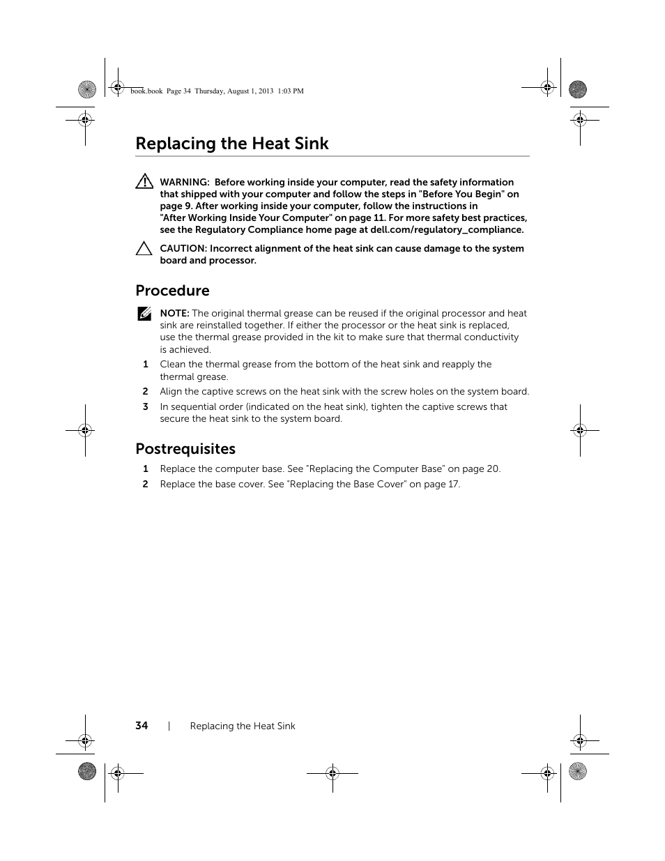 Replacing the heat sink, Procedure, Postrequisites | Dell Inspiron 23 (2350, Mid 2013) User Manual | Page 34 / 73