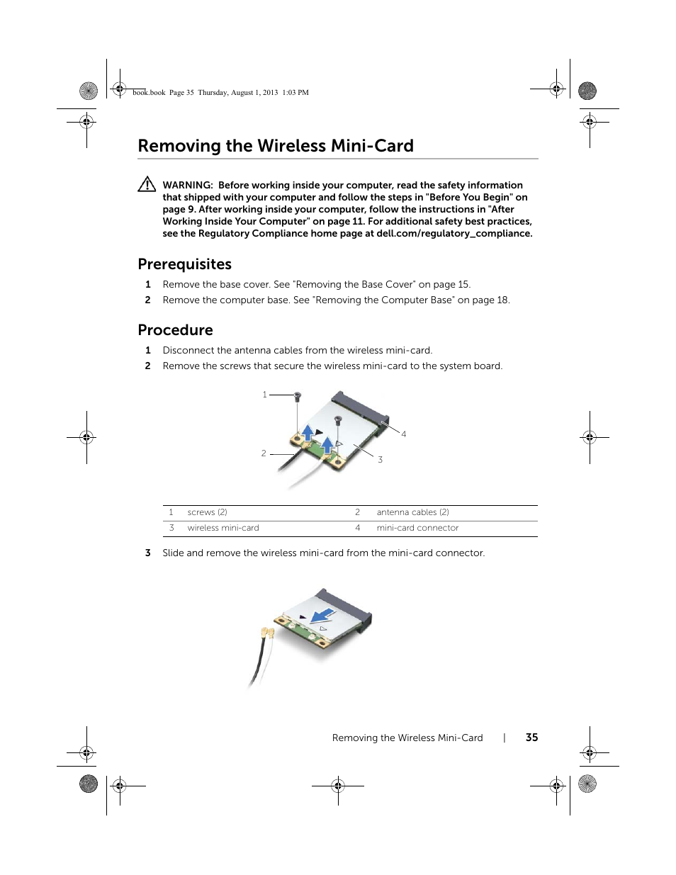 Removing the wireless mini-card, Prerequisites, Procedure | Dell Inspiron 23 (2350, Mid 2013) User Manual | Page 35 / 73