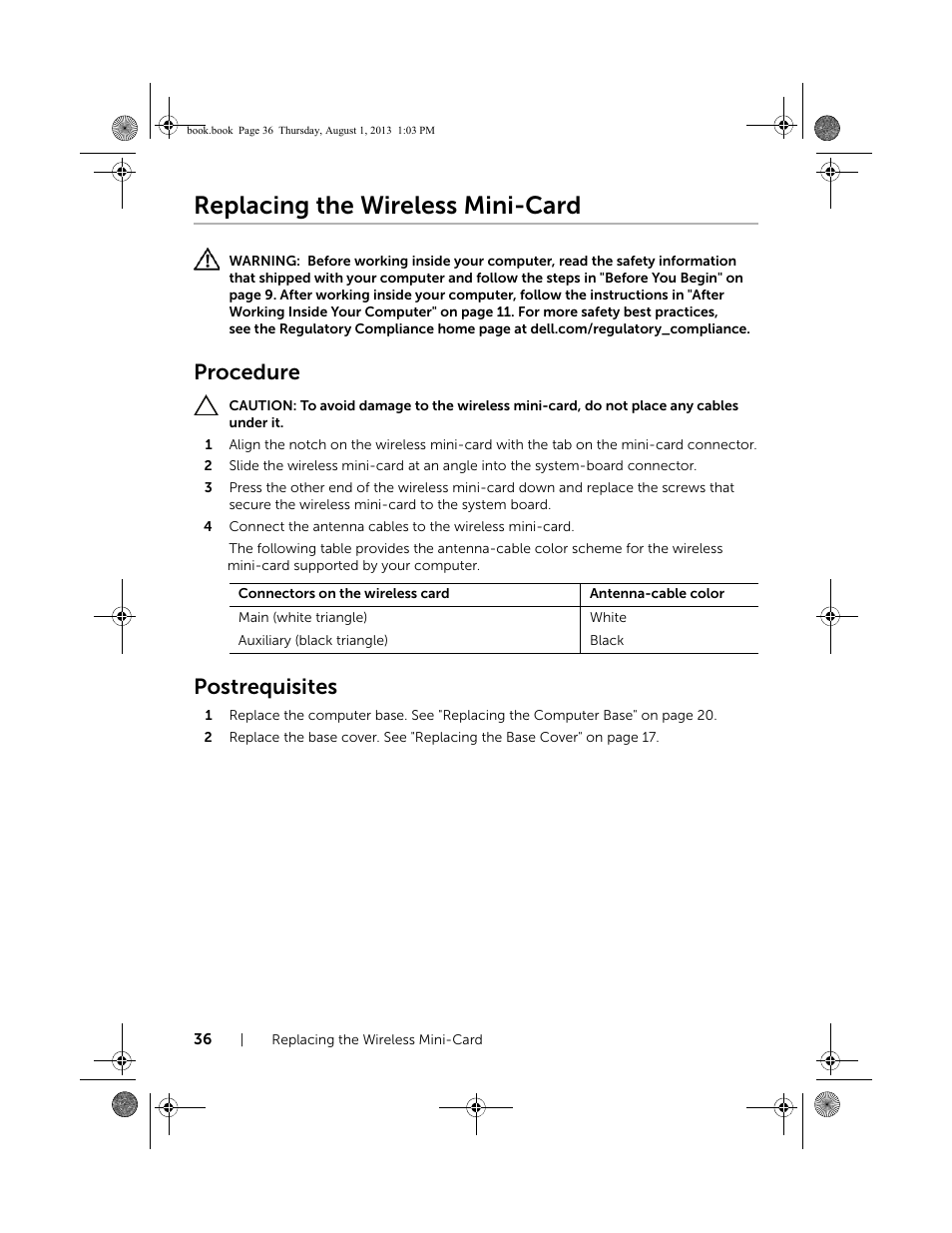 Replacing the wireless mini-card, Procedure, Postrequisites | Dell Inspiron 23 (2350, Mid 2013) User Manual | Page 36 / 73