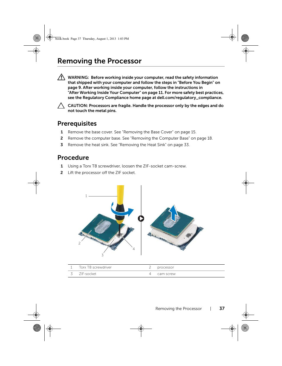 Removing the processor, Prerequisites, Procedure | Dell Inspiron 23 (2350, Mid 2013) User Manual | Page 37 / 73