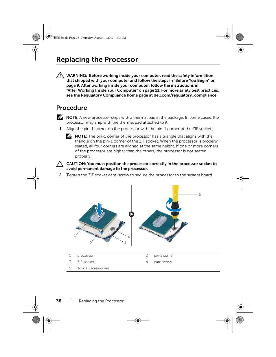 Replacing the processor, Procedure | Dell Inspiron 23 (2350, Mid 2013) User Manual | Page 38 / 73