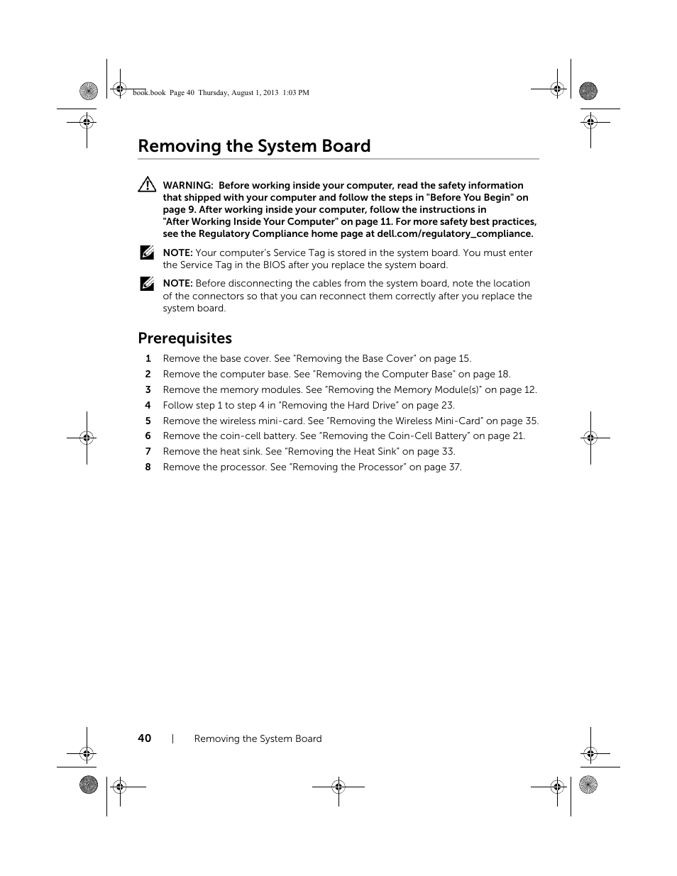Removing the system board, Prerequisites | Dell Inspiron 23 (2350, Mid 2013) User Manual | Page 40 / 73