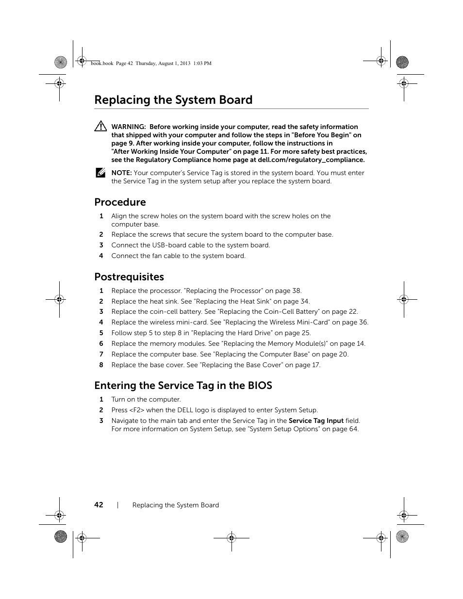 Replacing the system board, Procedure, Postrequisites | Entering the service tag in the bios | Dell Inspiron 23 (2350, Mid 2013) User Manual | Page 42 / 73