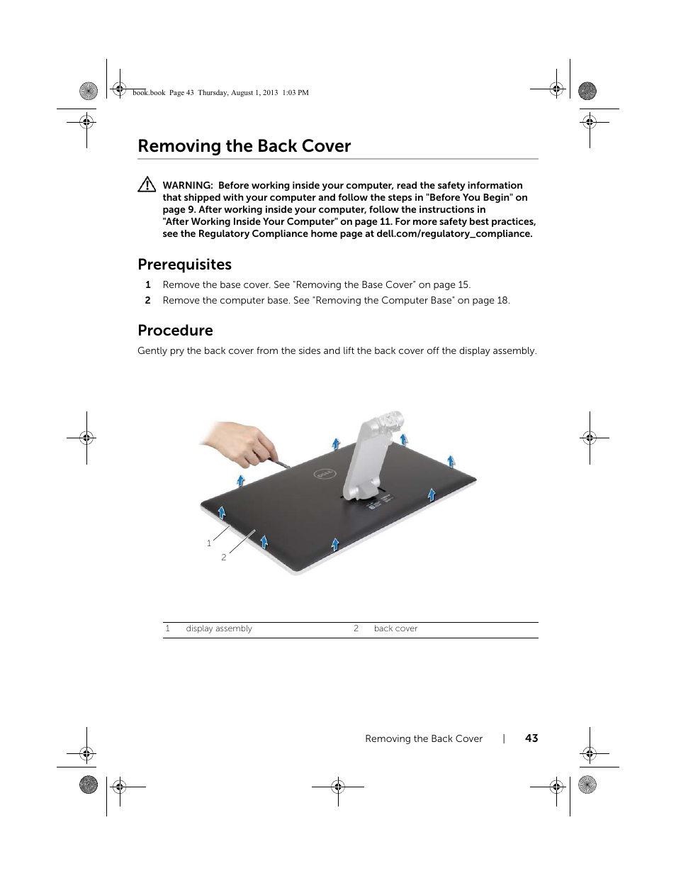 Removing the back cover, Prerequisites, Procedure | Dell Inspiron 23 (2350, Mid 2013) User Manual | Page 43 / 73