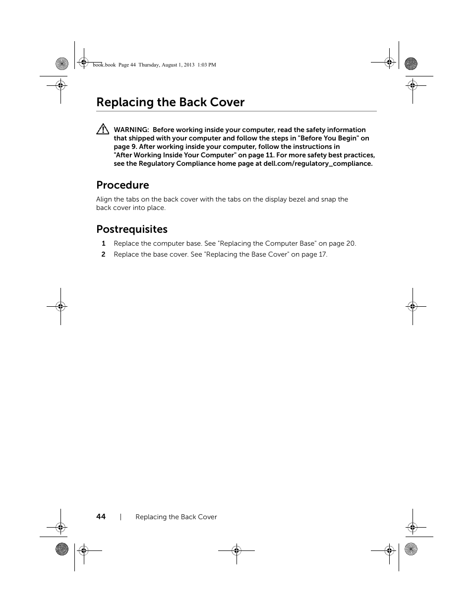 Replacing the back cover, Procedure, Postrequisites | Dell Inspiron 23 (2350, Mid 2013) User Manual | Page 44 / 73