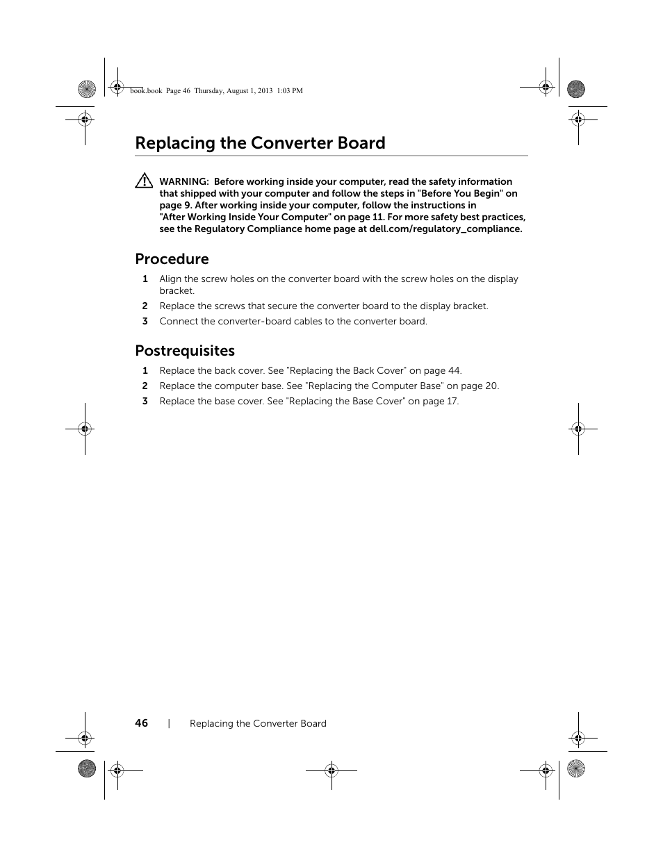 Replacing the converter board, Procedure, Postrequisites | Dell Inspiron 23 (2350, Mid 2013) User Manual | Page 46 / 73