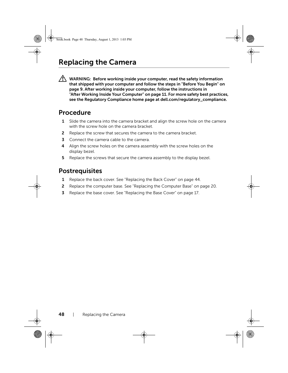 Replacing the camera, Procedure, Postrequisites | Dell Inspiron 23 (2350, Mid 2013) User Manual | Page 48 / 73