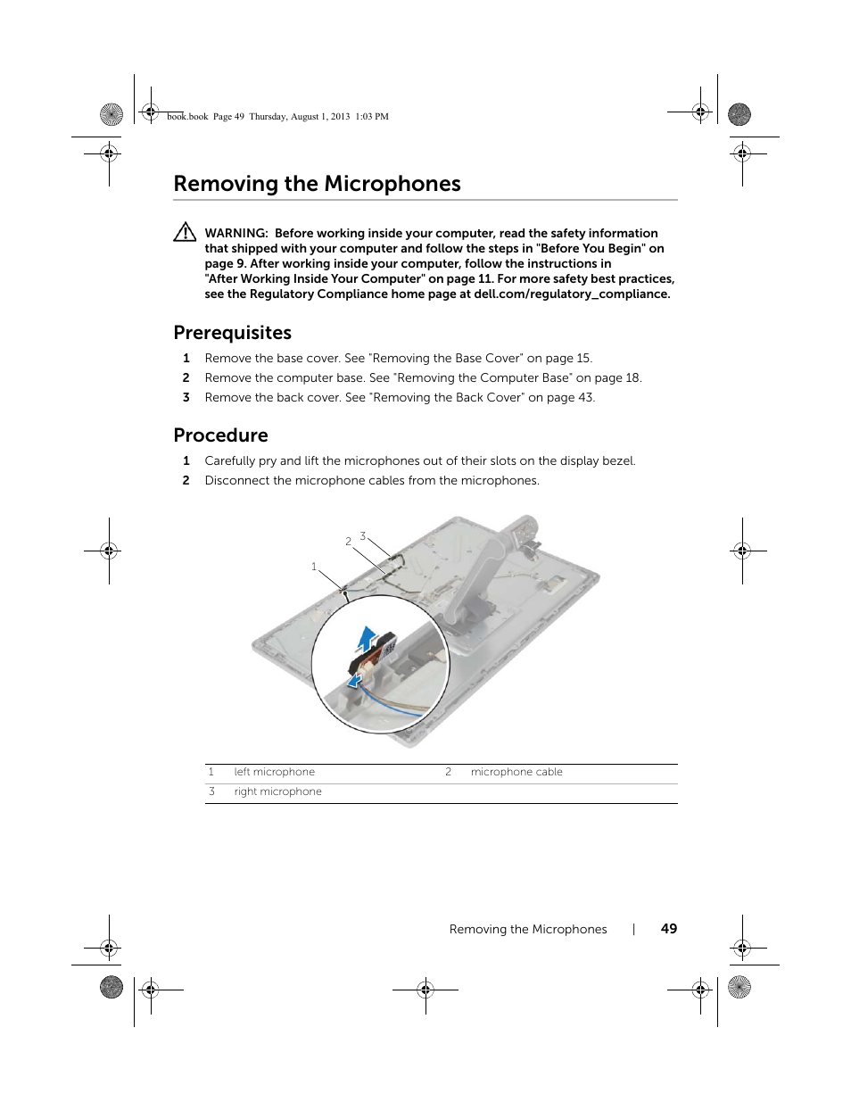 Removing the microphones, Prerequisites, Procedure | Dell Inspiron 23 (2350, Mid 2013) User Manual | Page 49 / 73