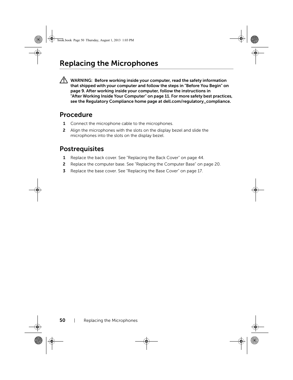 Replacing the microphones, Procedure, Postrequisites | Dell Inspiron 23 (2350, Mid 2013) User Manual | Page 50 / 73