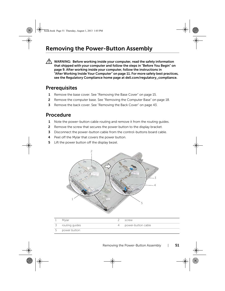 Removing the power-button assembly, Prerequisites, Procedure | Dell Inspiron 23 (2350, Mid 2013) User Manual | Page 51 / 73