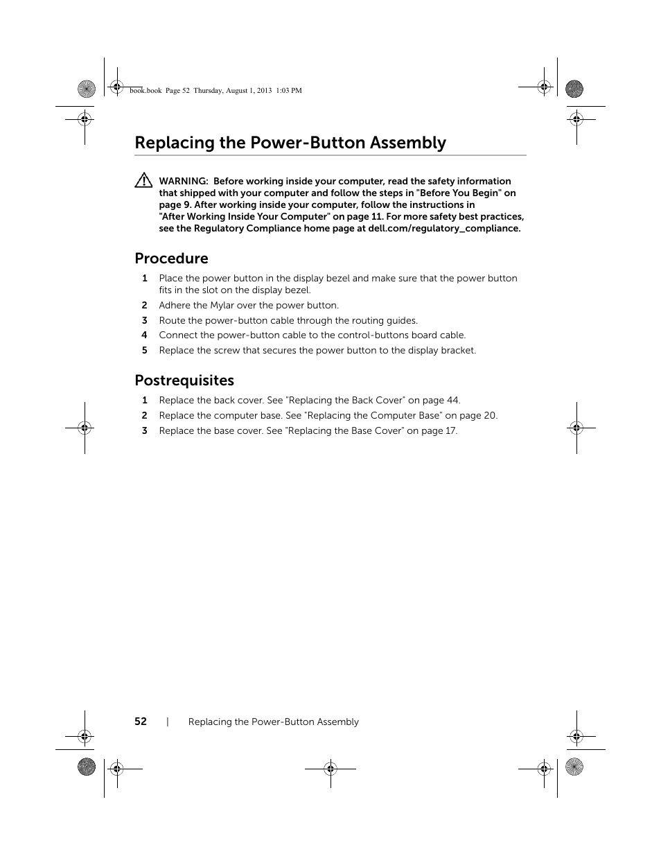 Replacing the power-button assembly, Procedure, Postrequisites | Dell Inspiron 23 (2350, Mid 2013) User Manual | Page 52 / 73