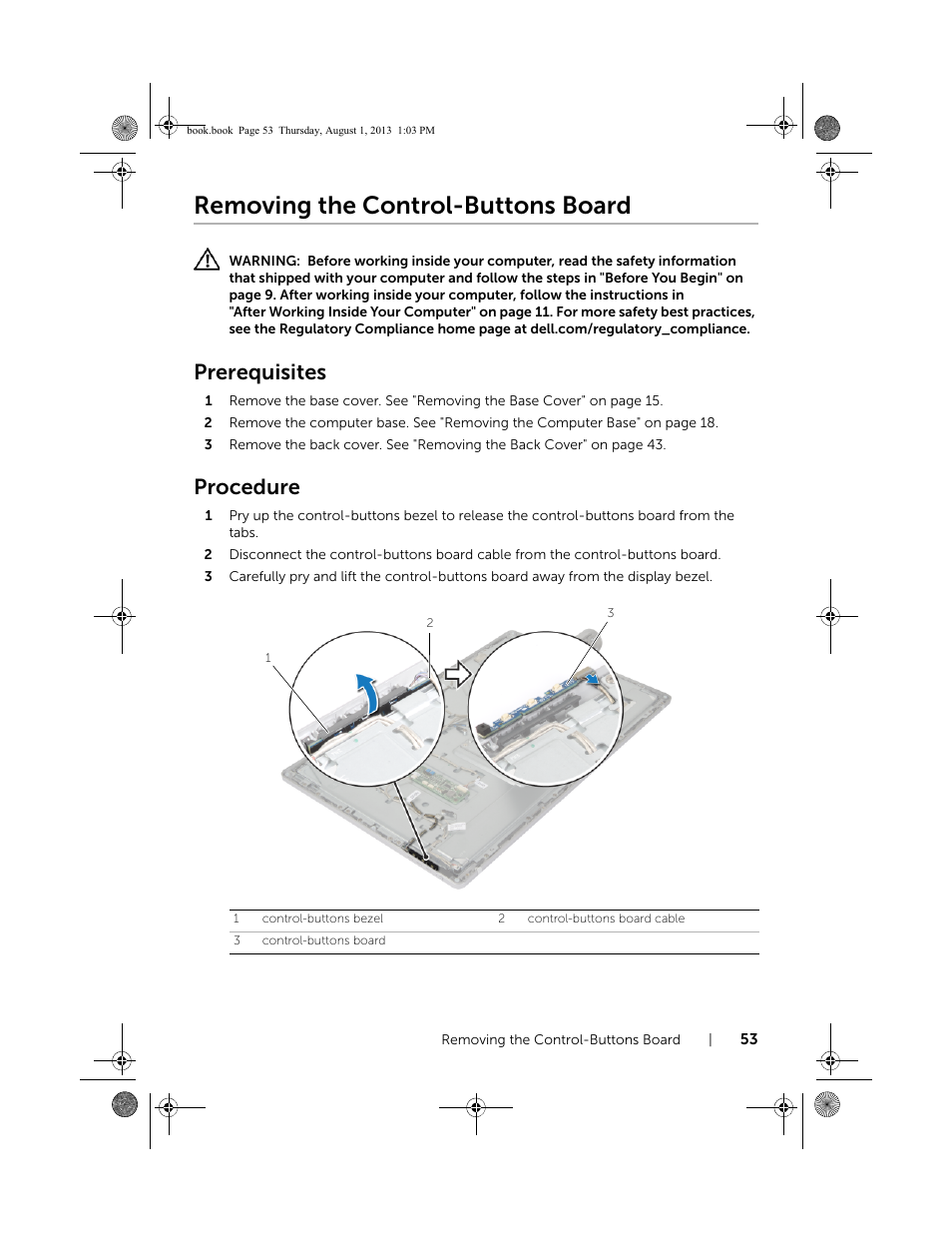 Removing the control-buttons board, Prerequisites, Procedure | Dell Inspiron 23 (2350, Mid 2013) User Manual | Page 53 / 73