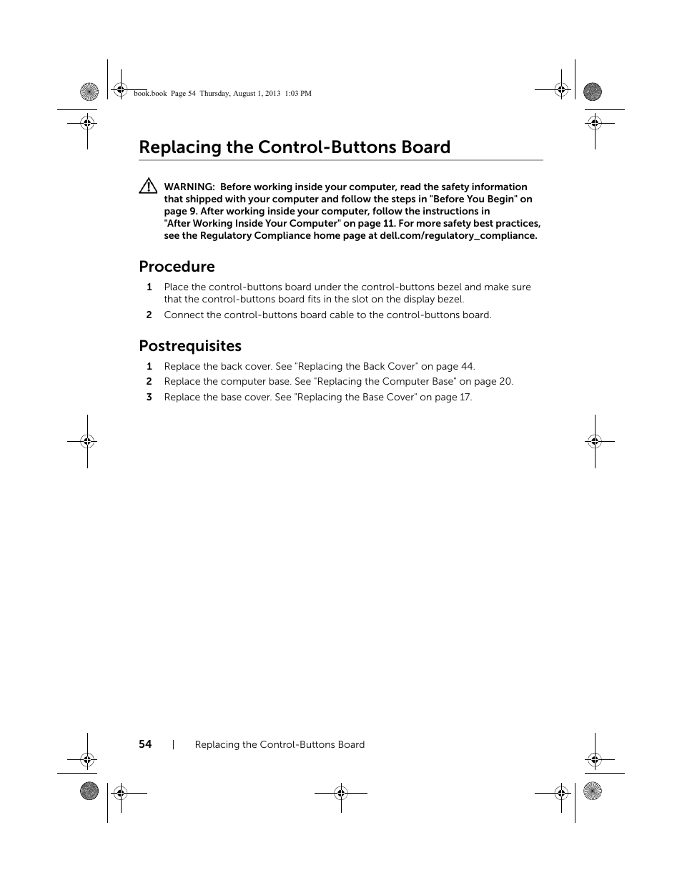 Replacing the control-buttons board, Procedure, Postrequisites | Dell Inspiron 23 (2350, Mid 2013) User Manual | Page 54 / 73