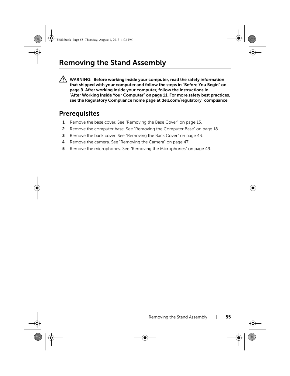 Removing the stand assembly, Prerequisites | Dell Inspiron 23 (2350, Mid 2013) User Manual | Page 55 / 73