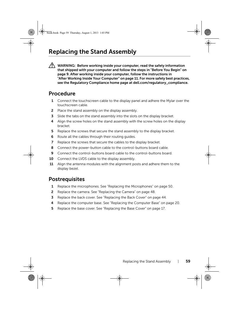 Replacing the stand assembly, Procedure, Postrequisites | Dell Inspiron 23 (2350, Mid 2013) User Manual | Page 59 / 73