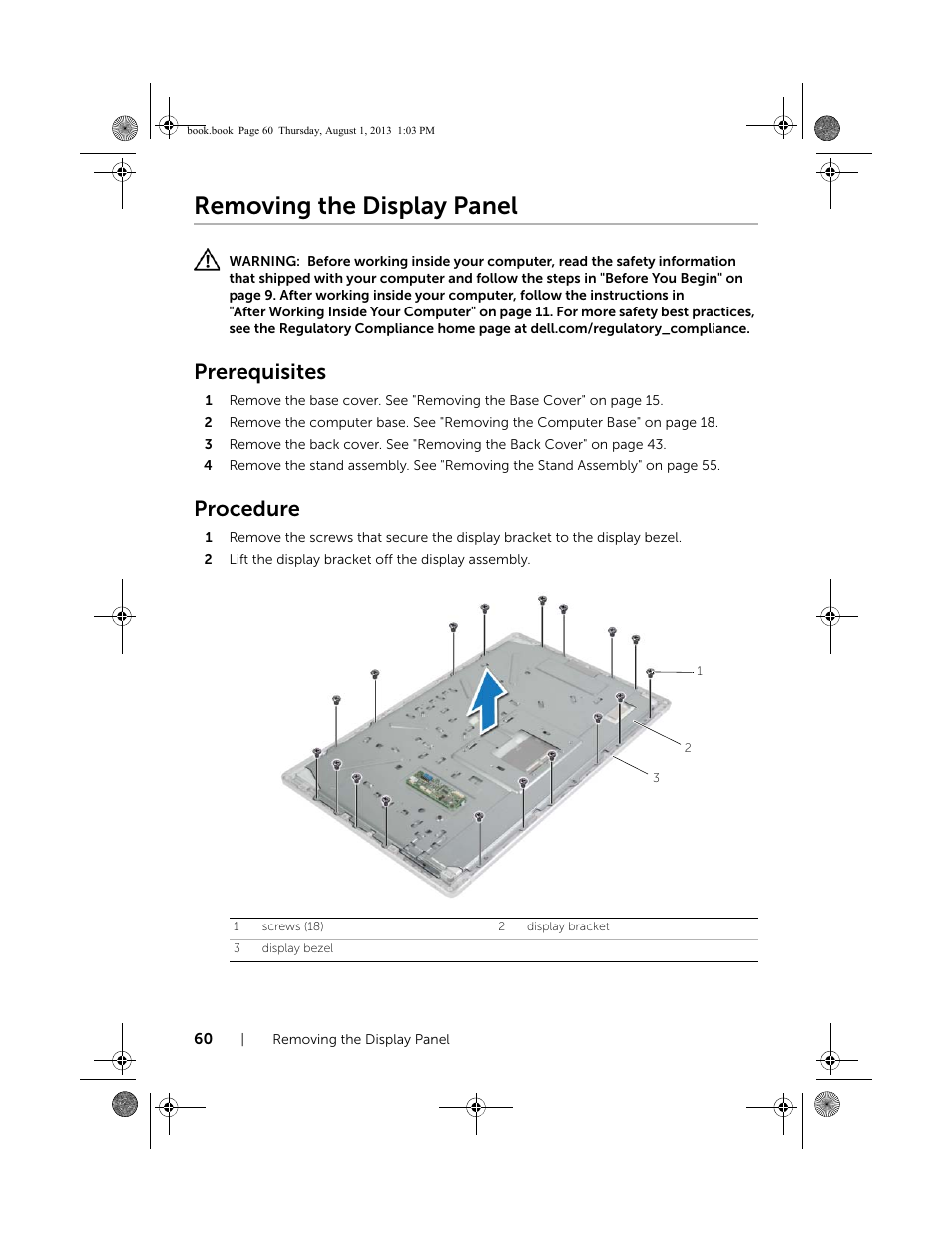 Removing the display panel, Prerequisites, Procedure | Dell Inspiron 23 (2350, Mid 2013) User Manual | Page 60 / 73