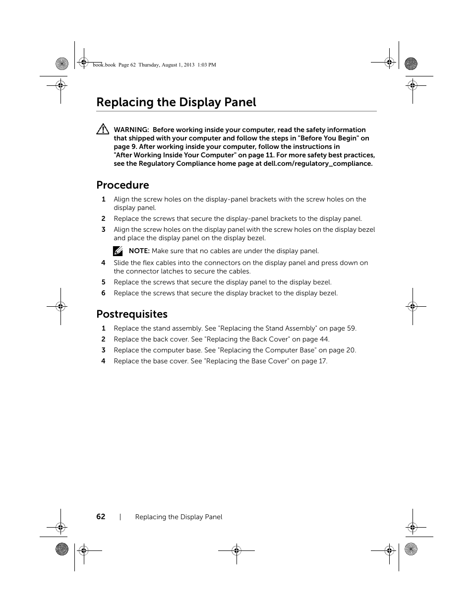 Replacing the display panel, Procedure, Postrequisites | Dell Inspiron 23 (2350, Mid 2013) User Manual | Page 62 / 73