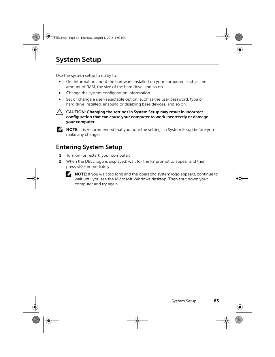 System setup, Entering system setup | Dell Inspiron 23 (2350, Mid 2013) User Manual | Page 63 / 73