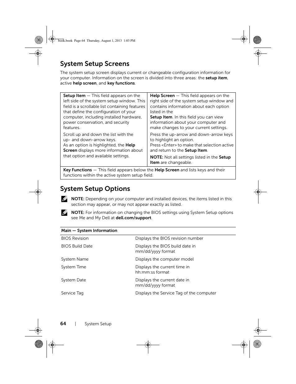 System setup screens, System setup options | Dell Inspiron 23 (2350, Mid 2013) User Manual | Page 64 / 73