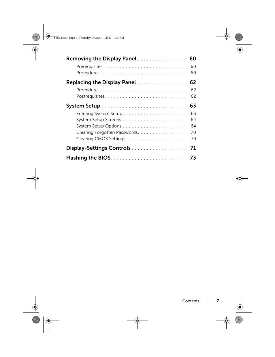 Removing the display panel, Replacing the display panel, System setup | Display-settings controls, 71 flashing the bios | Dell Inspiron 23 (2350, Mid 2013) User Manual | Page 7 / 73